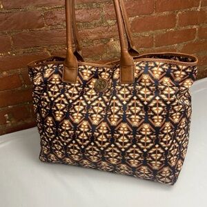Tory Burch Navy and Brown Geometric Print Tote